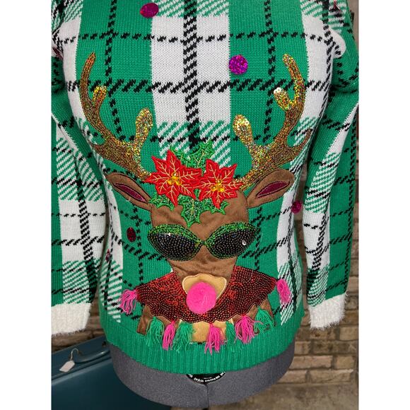 Celebrate together ugly christmas sweater reindeer rudolph plaid red green pink - Picture 5 of 11